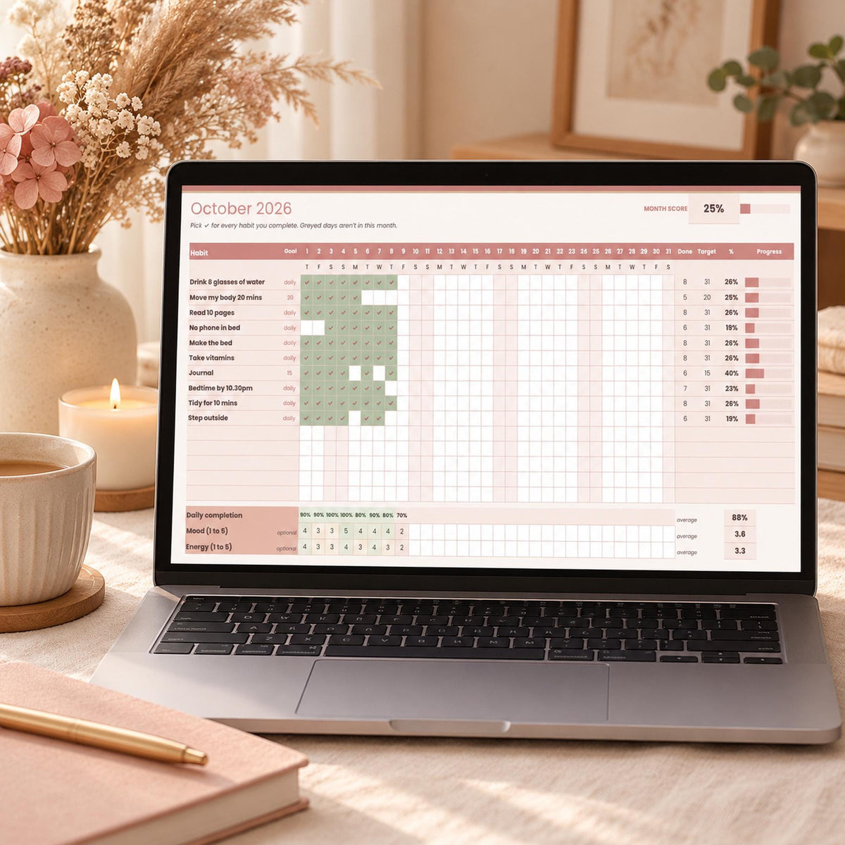 Habit Tracker Spreadsheet for Google Sheets & Excel, Monthly Routine Tracker, Daily Habit Checklist, Mood Tracker, Self Care Planner 2027