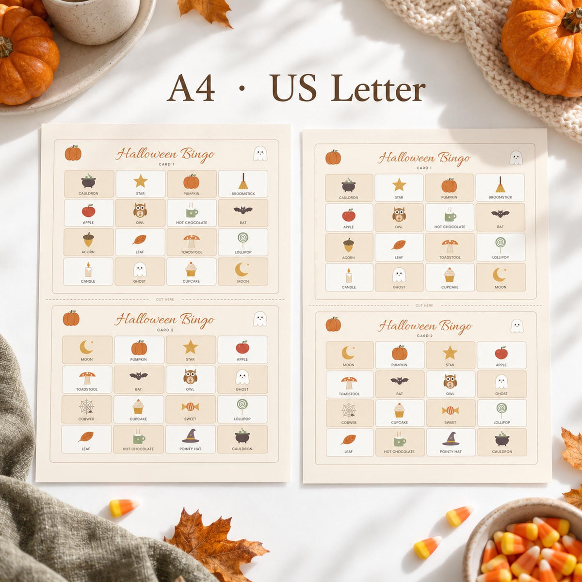 Halloween Kids Party Printables, Cute Halloween Activity Pack, Bingo, Word Search, Maze, Bunting, Treat Bag Tags, Boho Pumpkin, A4 Letter