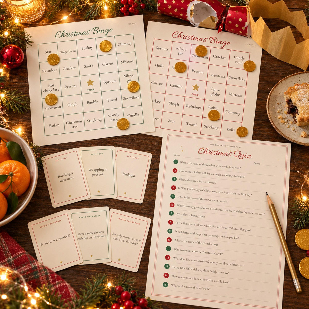 Christmas Family Games Printable, Christmas Quiz, Christmas Bingo, Charades, Would You Rather, Party Games for Kids and Adults