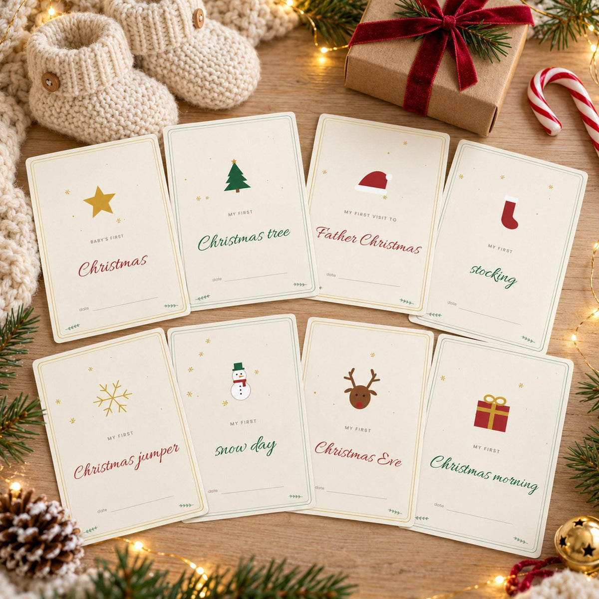 Baby's First Christmas Milestone Cards Printable, First Christmas Photo Prop, Baby Keepsake, Footprint Art, Christmas Baby Cards