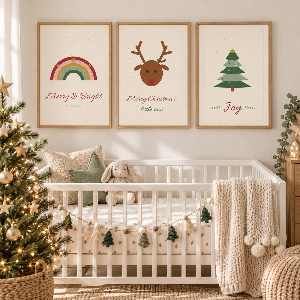 Boho Christmas Nursery Prints Set of 3, Merry and Bright, Reindeer, Christmas Tree Wall Art, Neutral Christmas Printable Decor