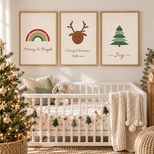 Boho Christmas Nursery Prints Set of 3, Merry and Bright, Reindeer, Christmas Tree Wall Art, Neutral Christmas Printable Decor