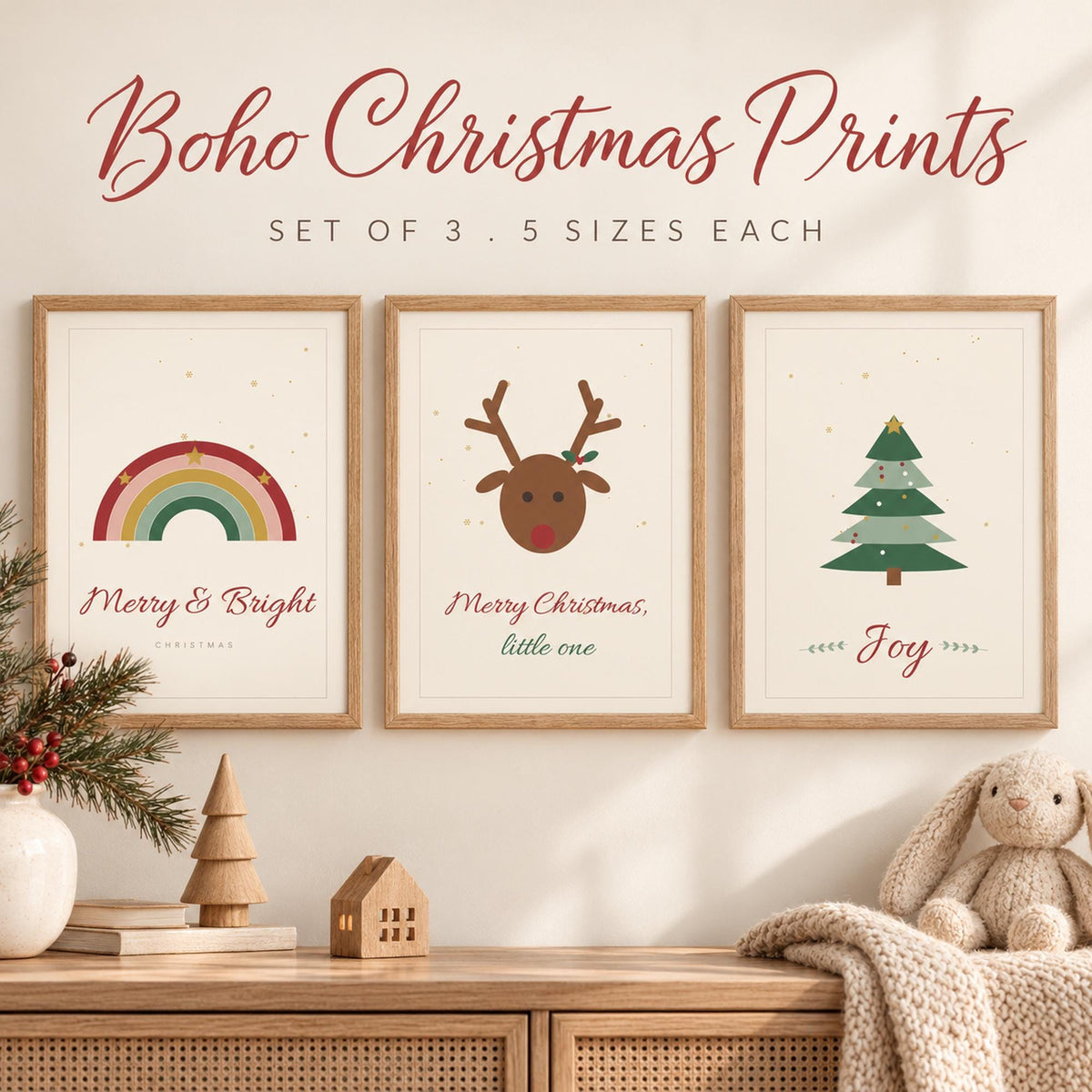 Boho Christmas Nursery Prints Set of 3, Merry and Bright, Reindeer, Christmas Tree Wall Art, Neutral Christmas Printable Decor