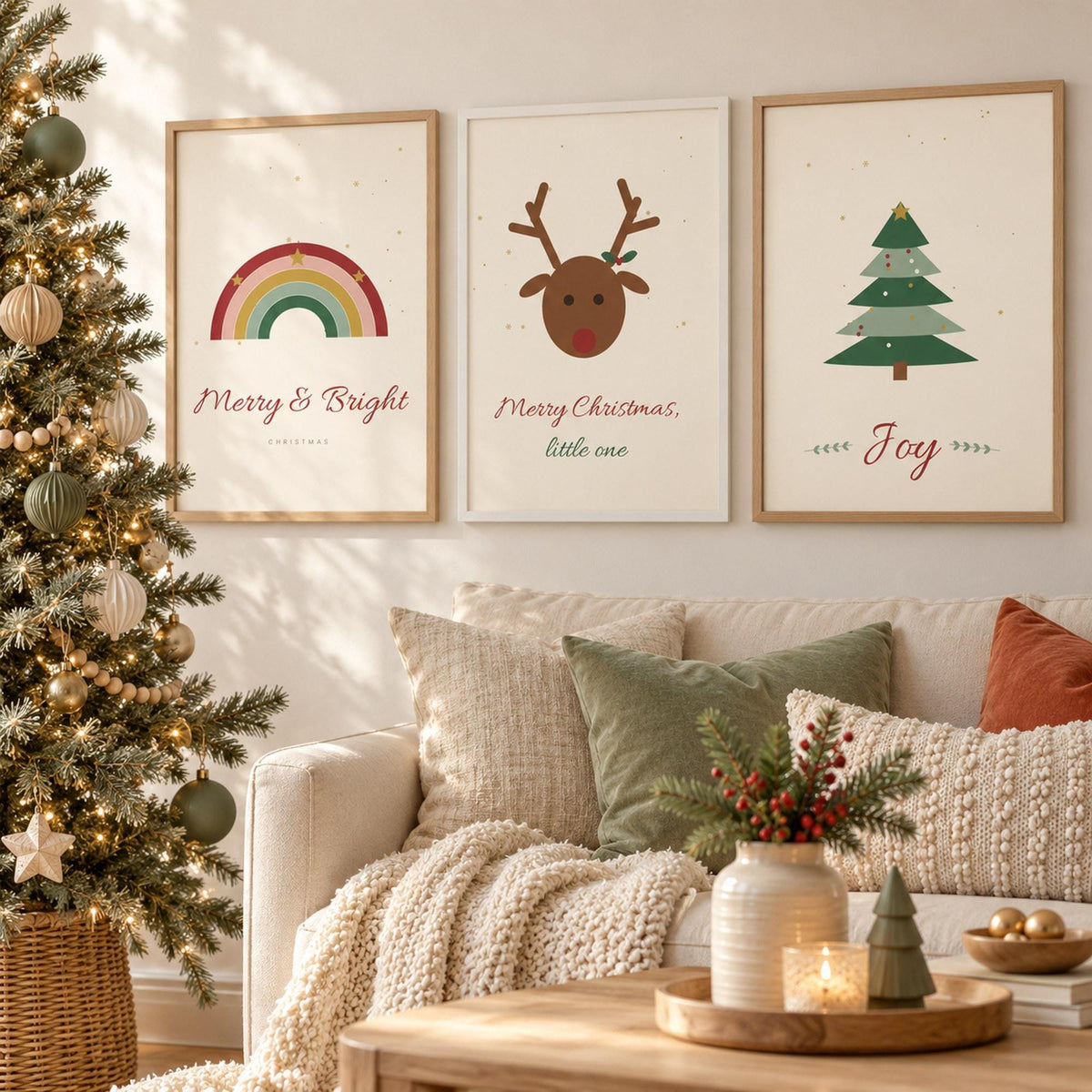 Boho Christmas Nursery Prints Set of 3, Merry and Bright, Reindeer, Christmas Tree Wall Art, Neutral Christmas Printable Decor