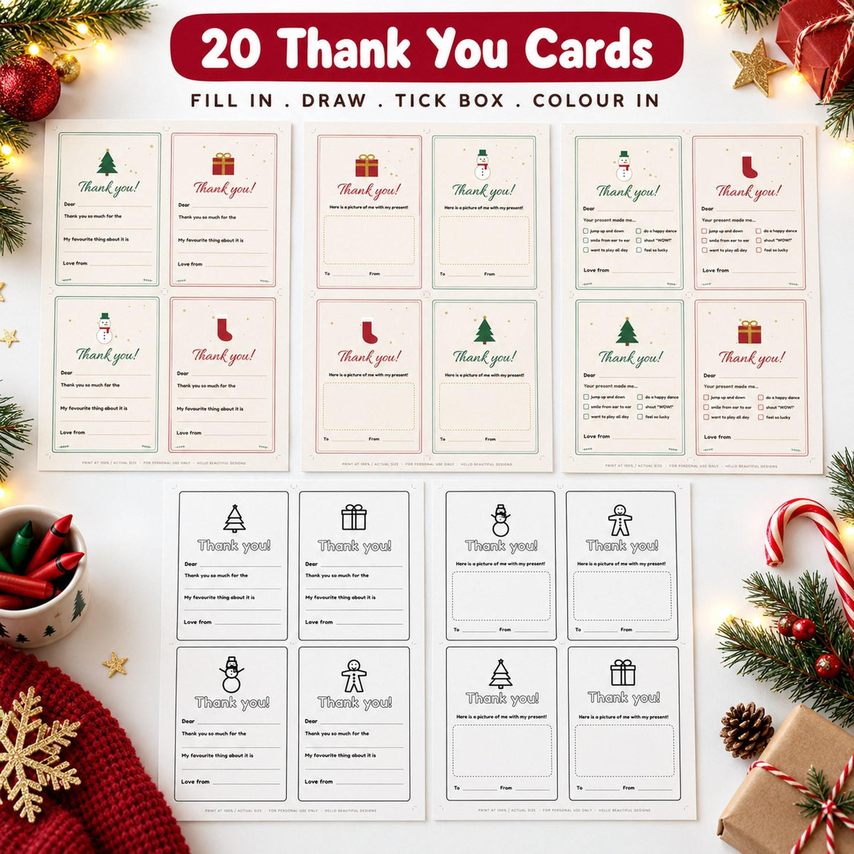 Kids Christmas Thank You Cards Printable, Fill in the Blank Thank You Notes, Colour In Cards, Draw Your Present, Christmas Gift Thank You