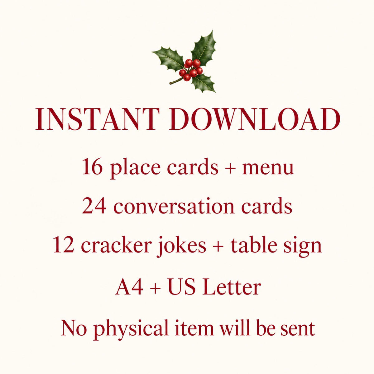 Christmas Dinner Table Printables, Place Cards, Christmas Menu, Conversation Cards, Cracker Jokes, Table Sign, Christmas Table Decor