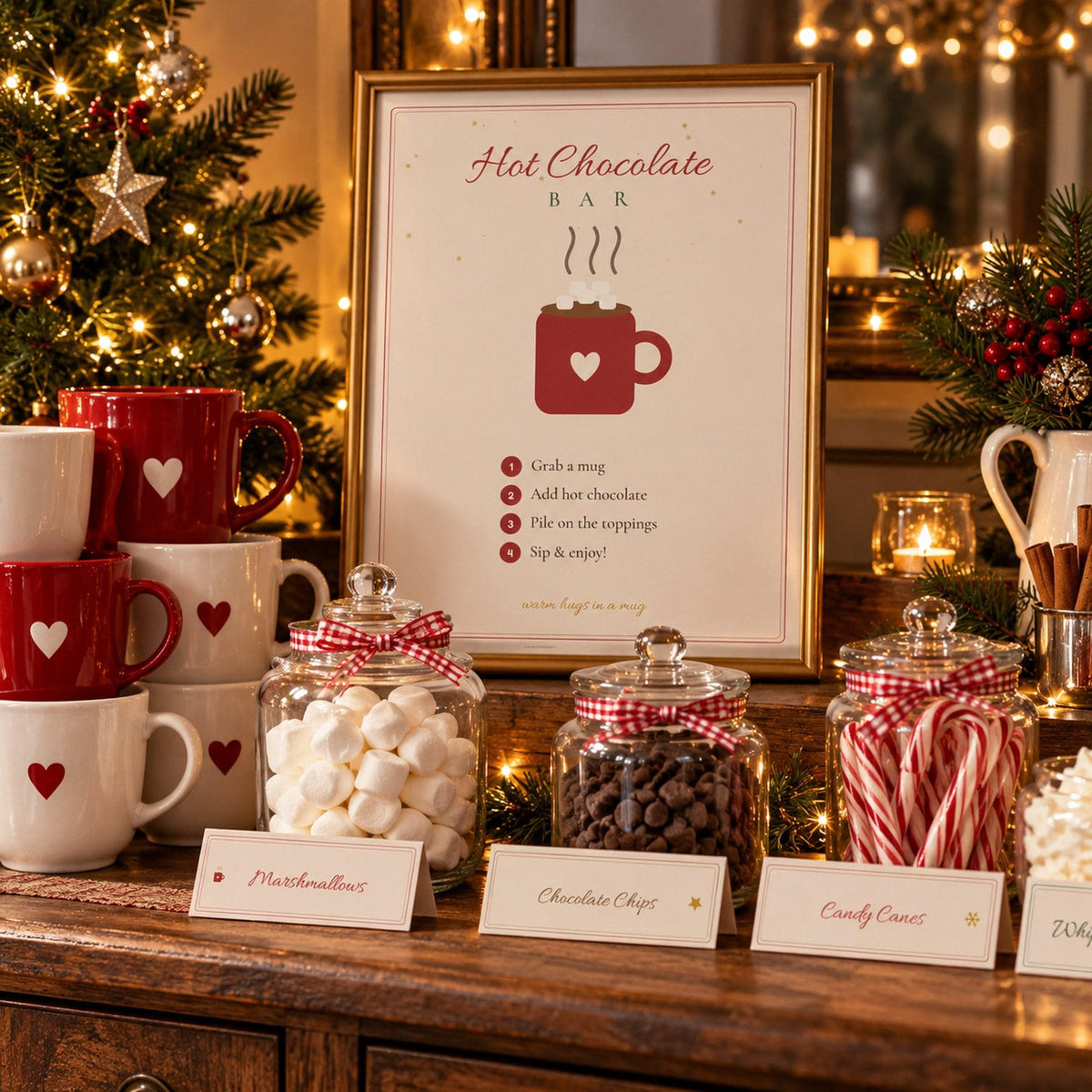 Hot Chocolate Bar Printables, Hot Cocoa Bar Sign, Topping Labels, Warm Wishes Favour Tags, Recipe Card, Christmas Party Decor