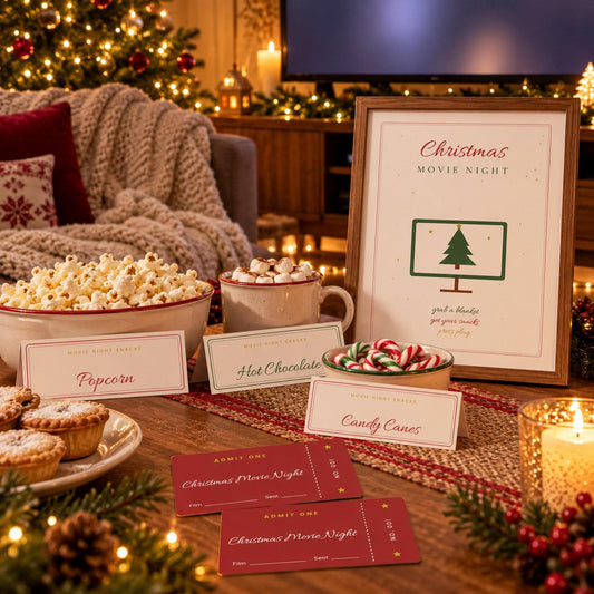 Christmas Movie Night Printables, Movie Tickets, Snack Labels, Christmas Film Bucket List, Movie Review Cards, Family Movie Night