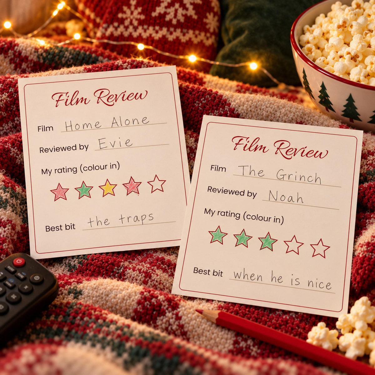 Christmas Movie Night Printables, Movie Tickets, Snack Labels, Christmas Film Bucket List, Movie Review Cards, Family Movie Night