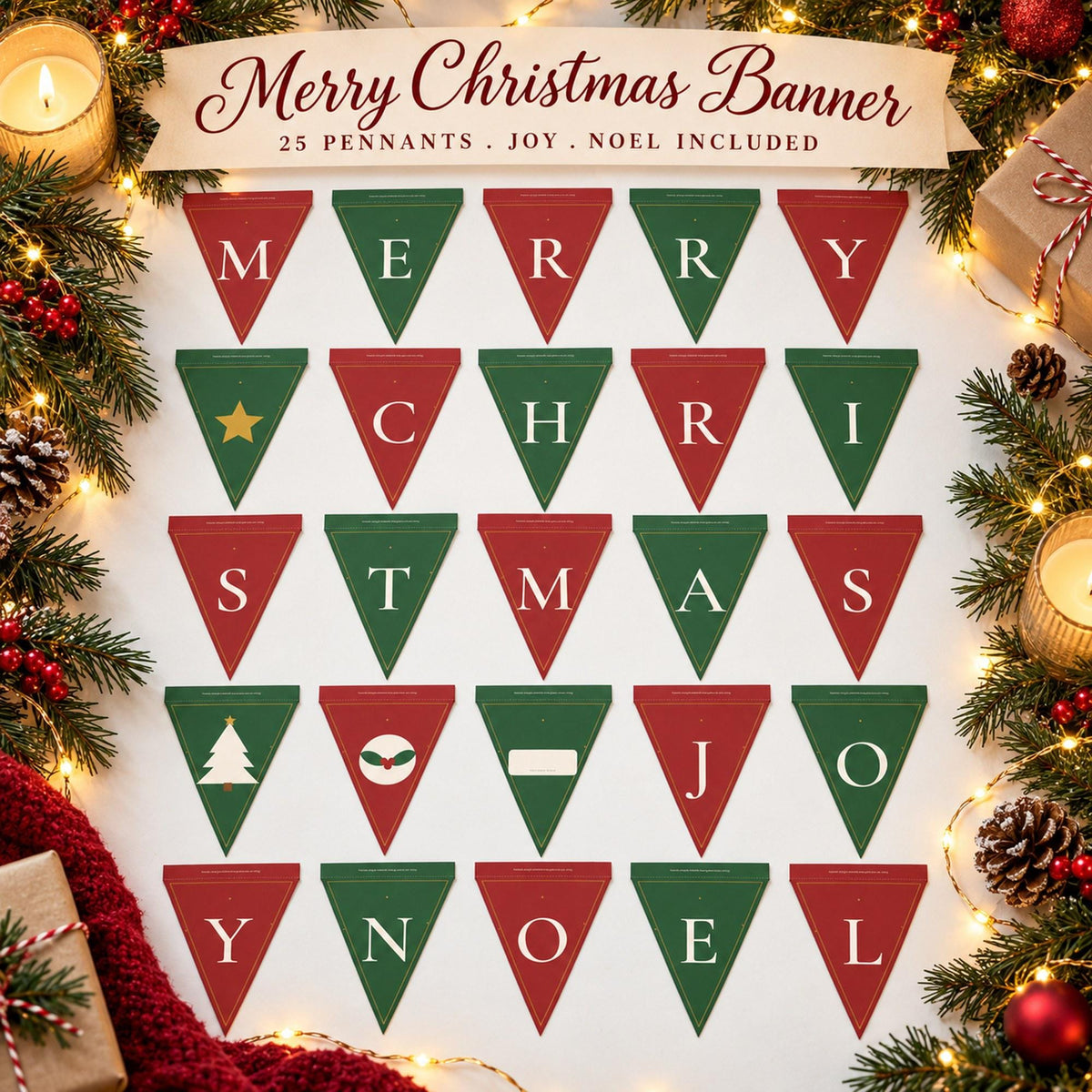 Merry Christmas Banner Printable, Christmas Bunting, Red and Green Pennant Banner, Joy Noel Banner, Christmas Mantel Decor