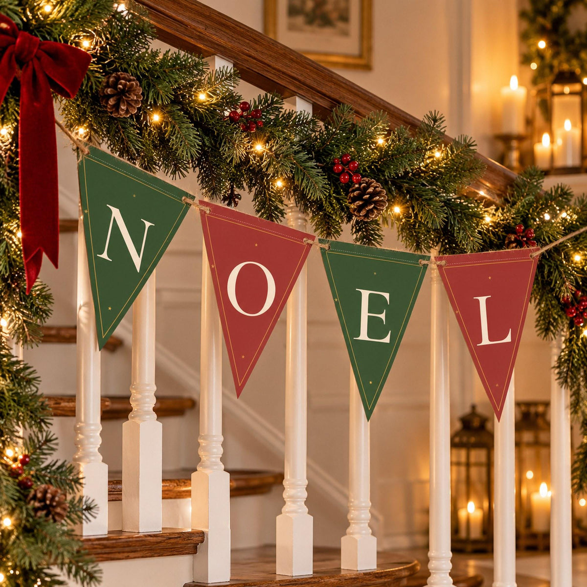 Merry Christmas Banner Printable, Christmas Bunting, Red and Green Pennant Banner, Joy Noel Banner, Christmas Mantel Decor