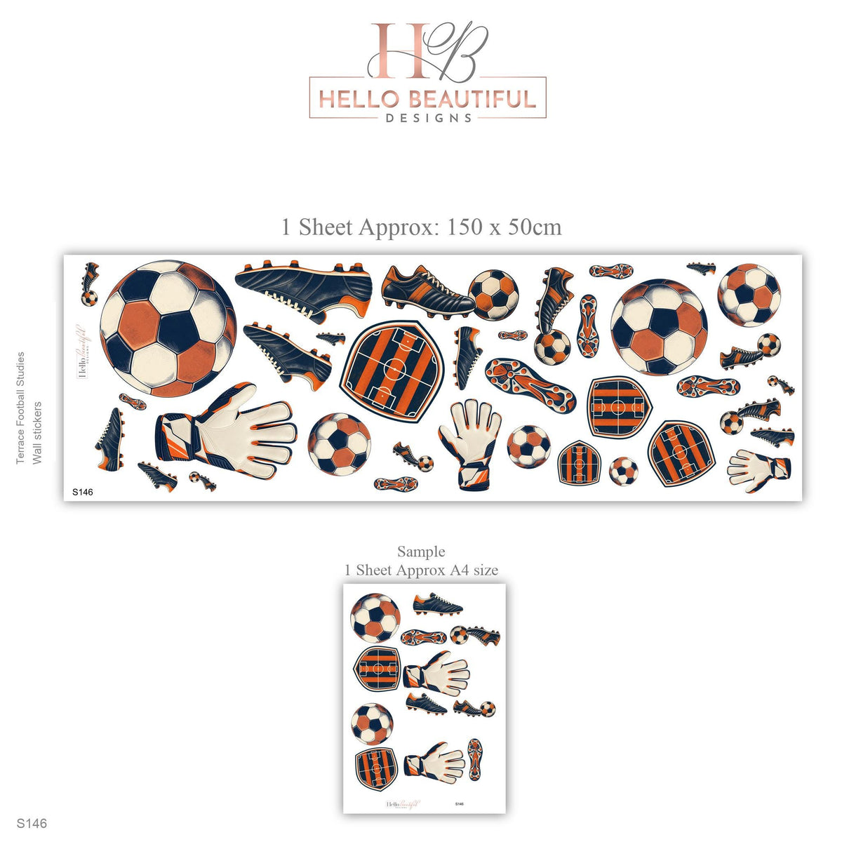 Football Wall Stickers, Navy Orange Soccer Decor, Retro Football Boots Wall Decals, Boys Kids Room Teen Bedroom Peel and Stick Wall Art