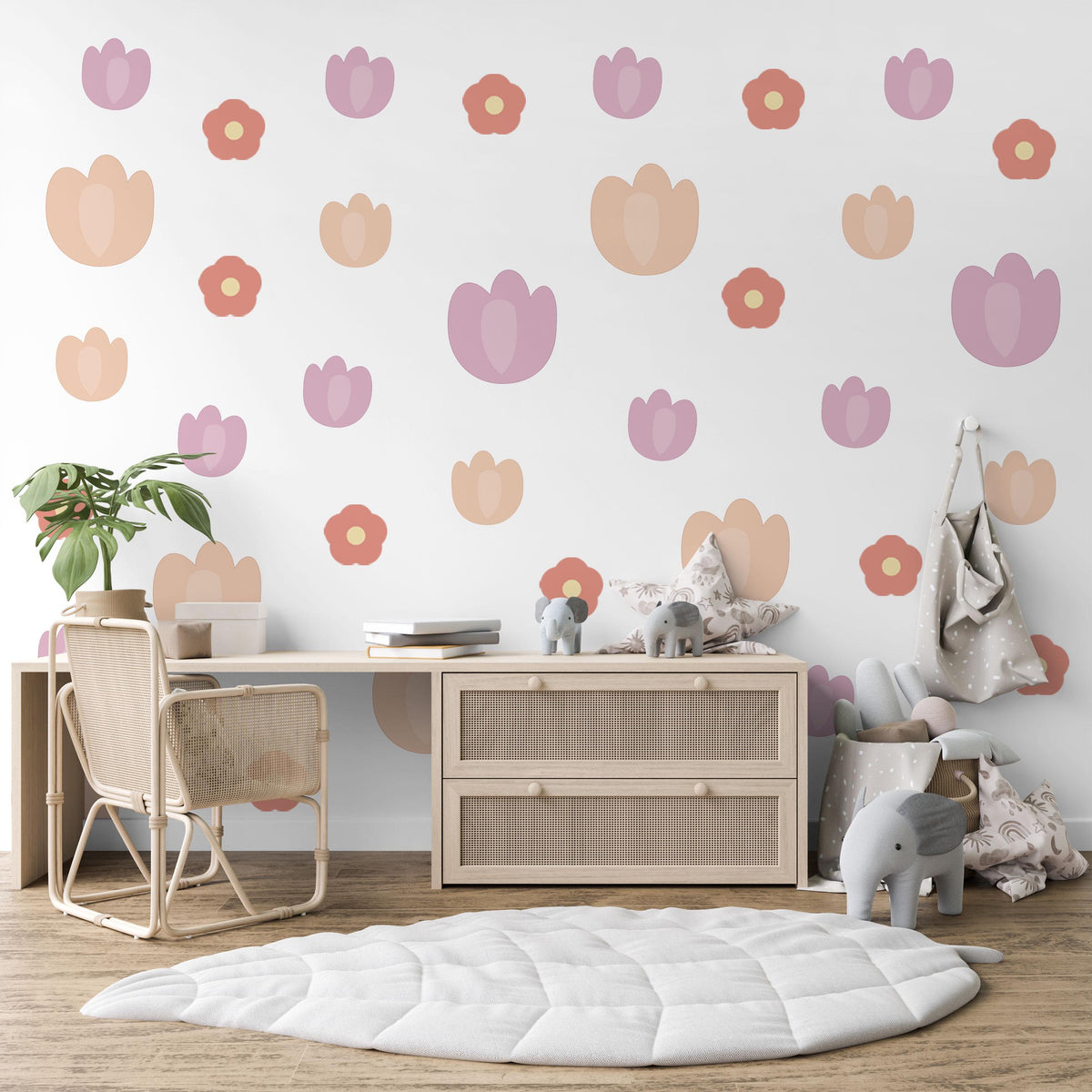 Tulip Wall Stickers, Terracotta Flower Nursery Decor, Boho Floral Wall Decals for Girls Room, Peel and Stick Tulips