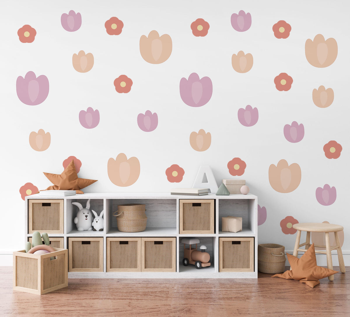 Tulip Wall Stickers, Terracotta Flower Nursery Decor, Boho Floral Wall Decals for Girls Room, Peel and Stick Tulips