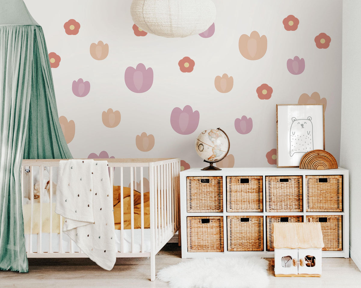 Tulip Wall Stickers, Terracotta Flower Nursery Decor, Boho Floral Wall Decals for Girls Room, Peel and Stick Tulips