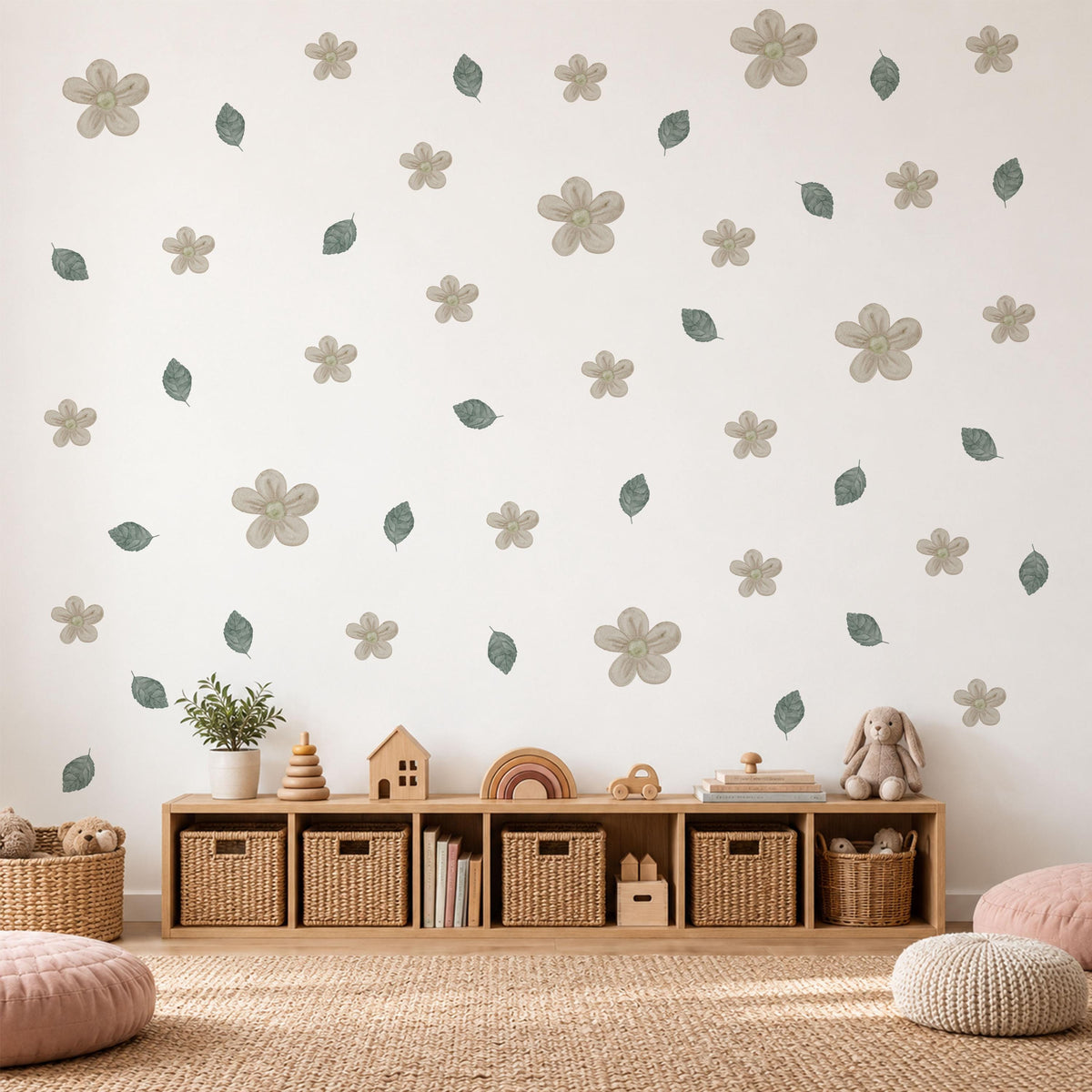 Flower Wall Stickers, Neutral Blossom Nursery Decor, Watercolour Leaf Floral Wall Decals, Gender Neutral Kids Room Peel and Stick Art