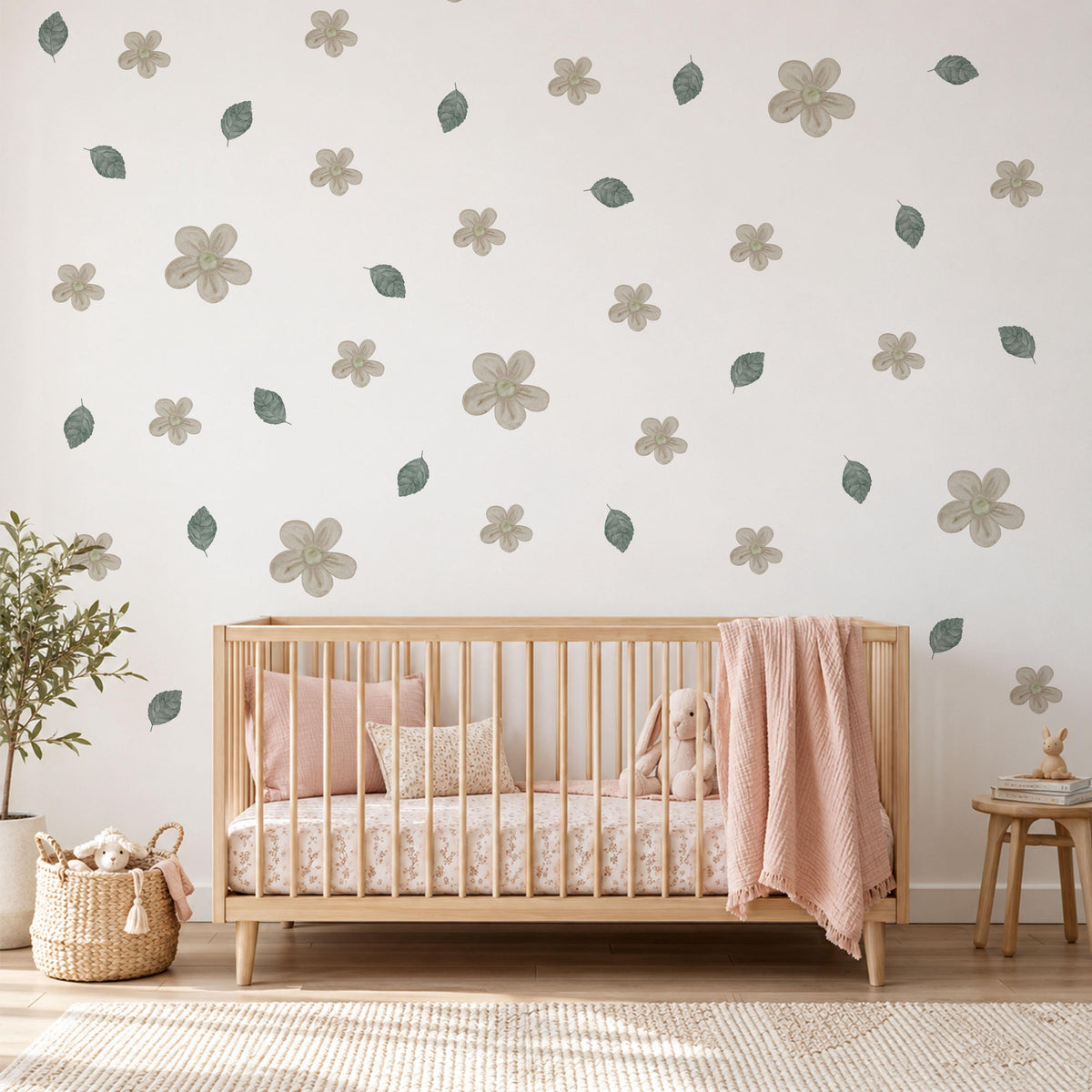 Flower Wall Stickers, Neutral Blossom Nursery Decor, Watercolour Leaf Floral Wall Decals, Gender Neutral Kids Room Peel and Stick Art