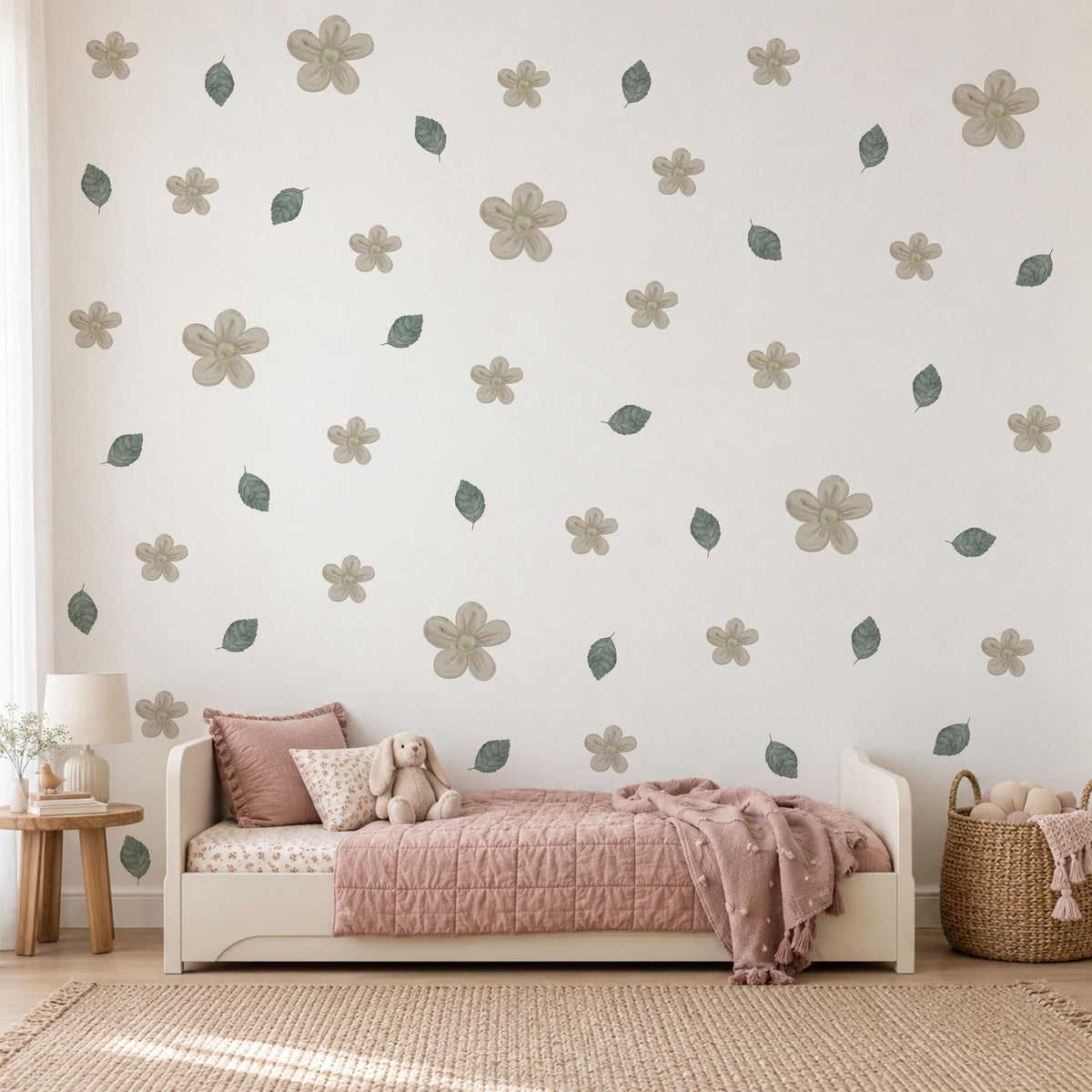 Flower Wall Stickers, Neutral Blossom Nursery Decor, Watercolour Leaf Floral Wall Decals, Gender Neutral Kids Room Peel and Stick Art