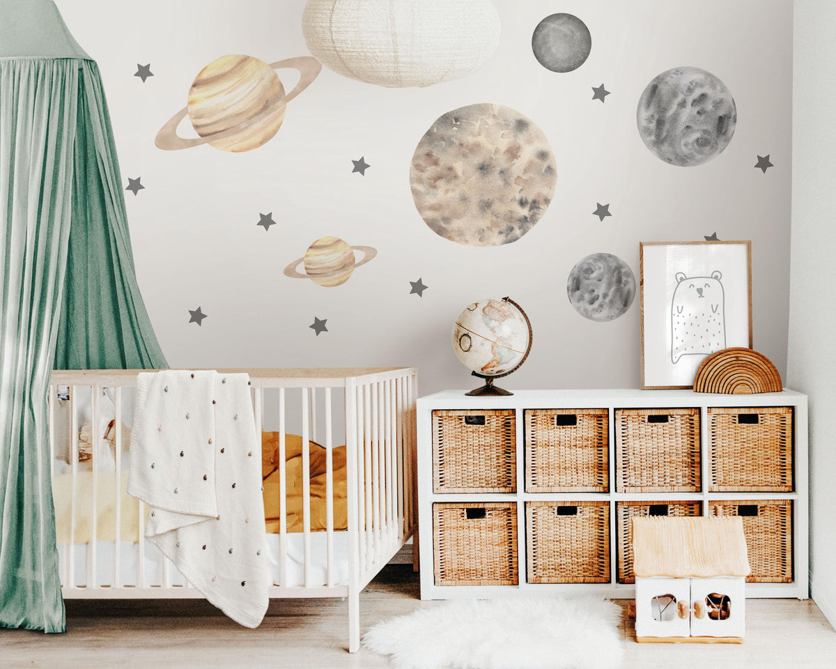 Planet Wall Stickers, Boho Space Nursery Decor, Neutral Planet Star Wall Decals, Kids Room Gender Neutral Baby Peel and Stick Art