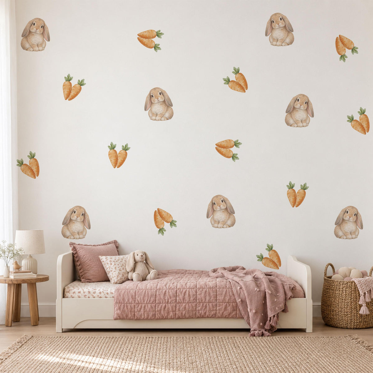 Bunny Wall Stickers, Bunny Carrot Nursery Decor, Rabbit Wall Decals, Neutral Kids Room Baby Easter Peel and Stick Wall Art