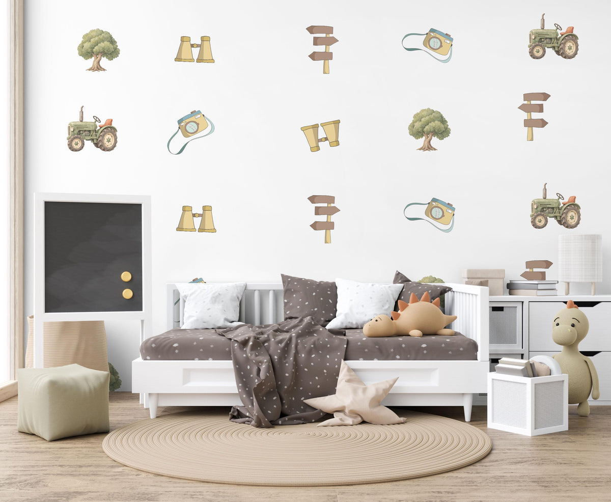 Explorer Wall Stickers, Adventure Nursery Decor, Tractor Camera Binoculars Wall Decals, Boys Room Decor, Peel and Stick