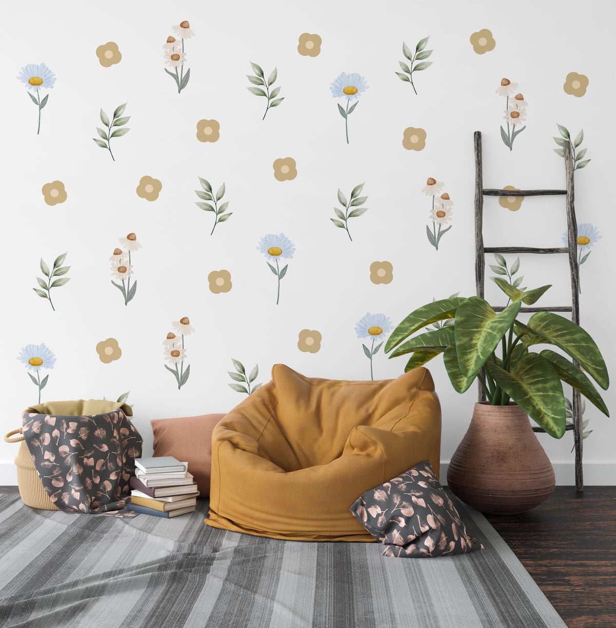 Wildflower Wall Stickers, Meadow Nursery Decor, Daisy and Leaf Wall Decals, Neutral Floral Kids Room, Peel and Stick Flowers