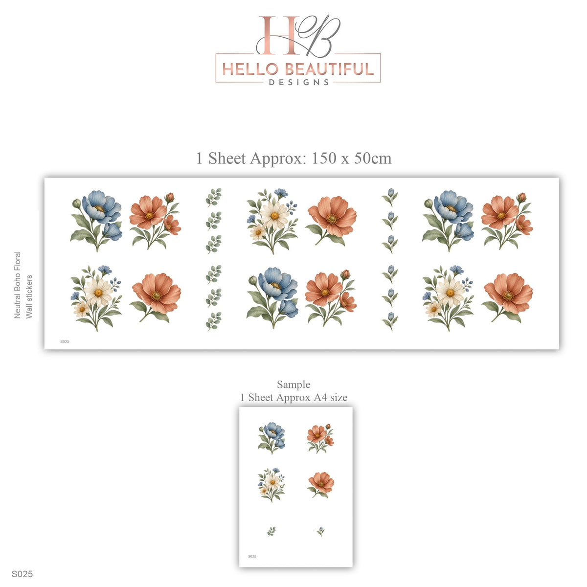 Floral Wall Stickers, Neutral Boho Flower Nursery Decor, Watercolour Wildflower Wall Decals, Kids Room Baby Peel and Stick Wall Art
