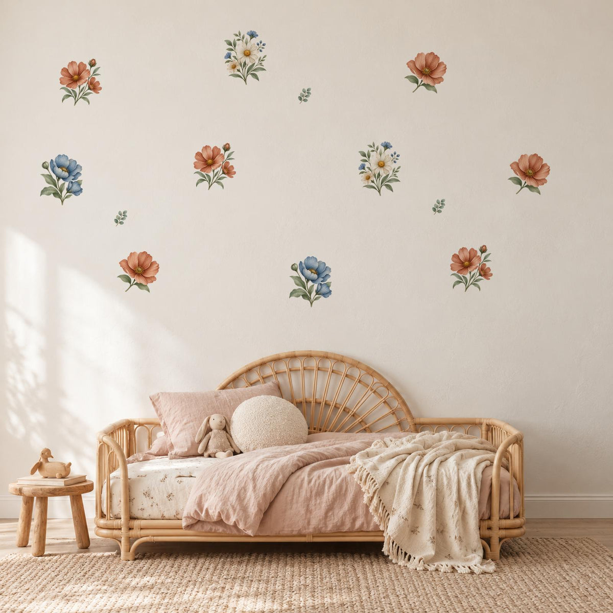 Floral Wall Stickers, Neutral Boho Flower Nursery Decor, Watercolour Wildflower Wall Decals, Kids Room Baby Peel and Stick Wall Art