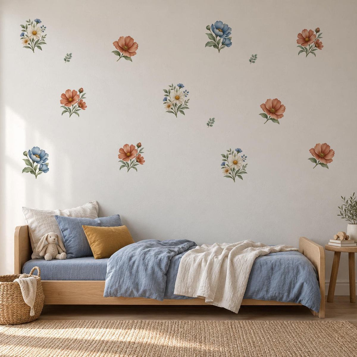 Floral Wall Stickers, Neutral Boho Flower Nursery Decor, Watercolour Wildflower Wall Decals, Kids Room Baby Peel and Stick Wall Art