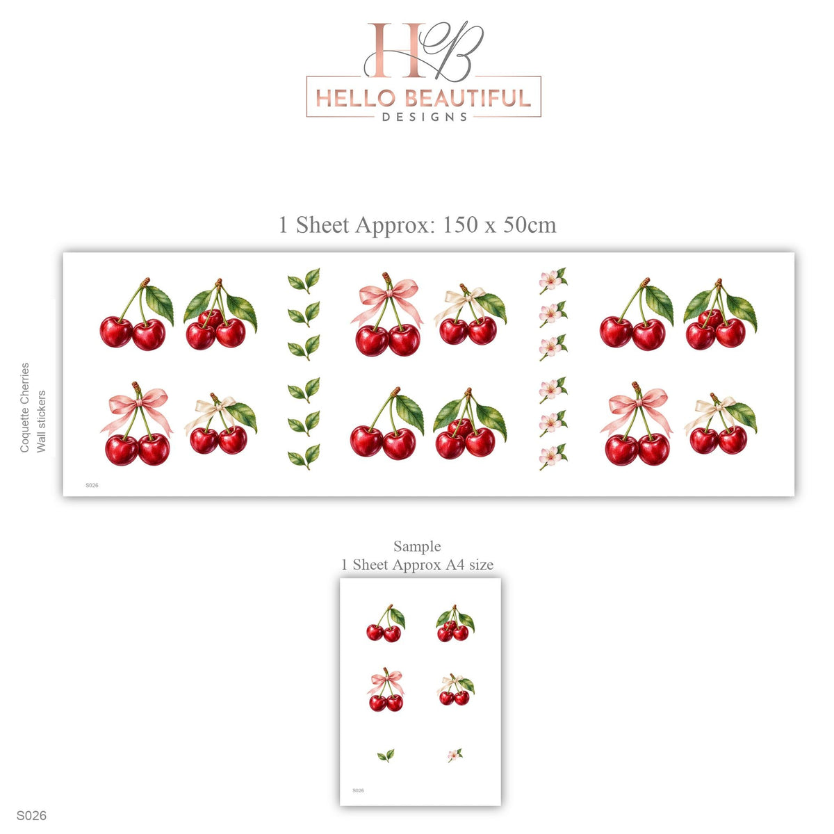 Cherry Wall Stickers, Coquette Cherry Nursery Decor, Red Cherry Bow Wall Decals, Girls Kids Room Bedroom Baby Peel and Stick Wall Art