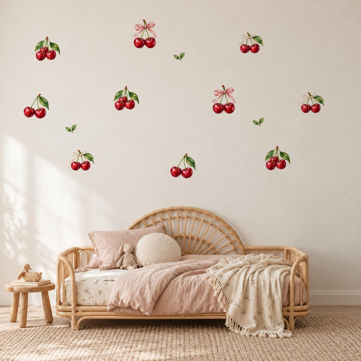Cherry Wall Stickers, Coquette Cherry Nursery Decor, Red Cherry Bow Wall Decals, Girls Kids Room Bedroom Baby Peel and Stick Wall Art