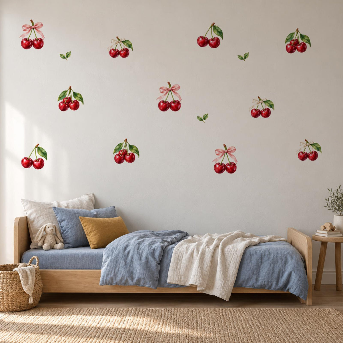 Cherry Wall Stickers, Coquette Cherry Nursery Decor, Red Cherry Bow Wall Decals, Girls Kids Room Bedroom Baby Peel and Stick Wall Art