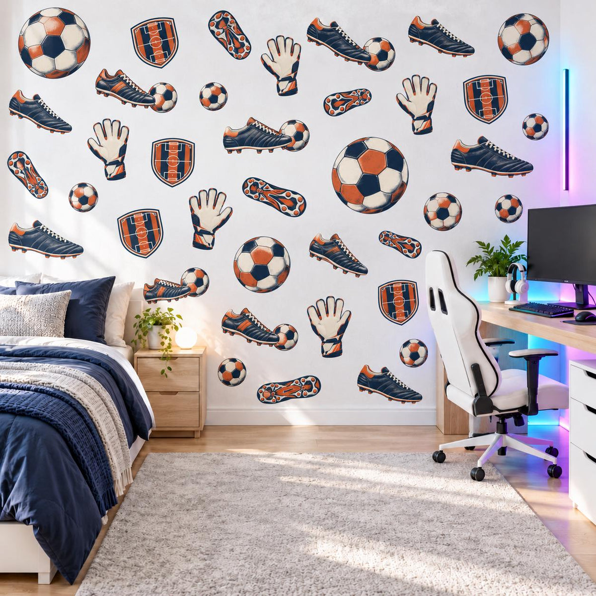 Football Wall Stickers, Navy Orange Soccer Decor, Retro Football Boots Wall Decals, Boys Kids Room Teen Bedroom Peel and Stick Wall Art