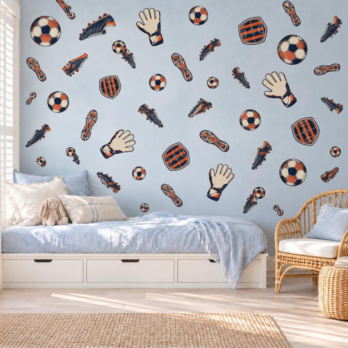 Football Wall Stickers, Navy Orange Soccer Decor, Retro Football Boots Wall Decals, Boys Kids Room Teen Bedroom Peel and Stick Wall Art