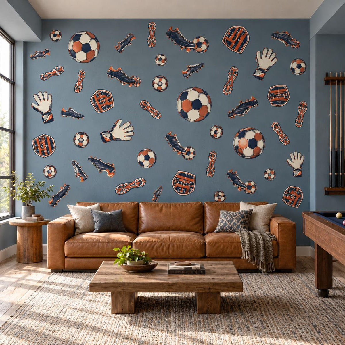Football Wall Stickers, Navy Orange Soccer Decor, Retro Football Boots Wall Decals, Boys Kids Room Teen Bedroom Peel and Stick Wall Art