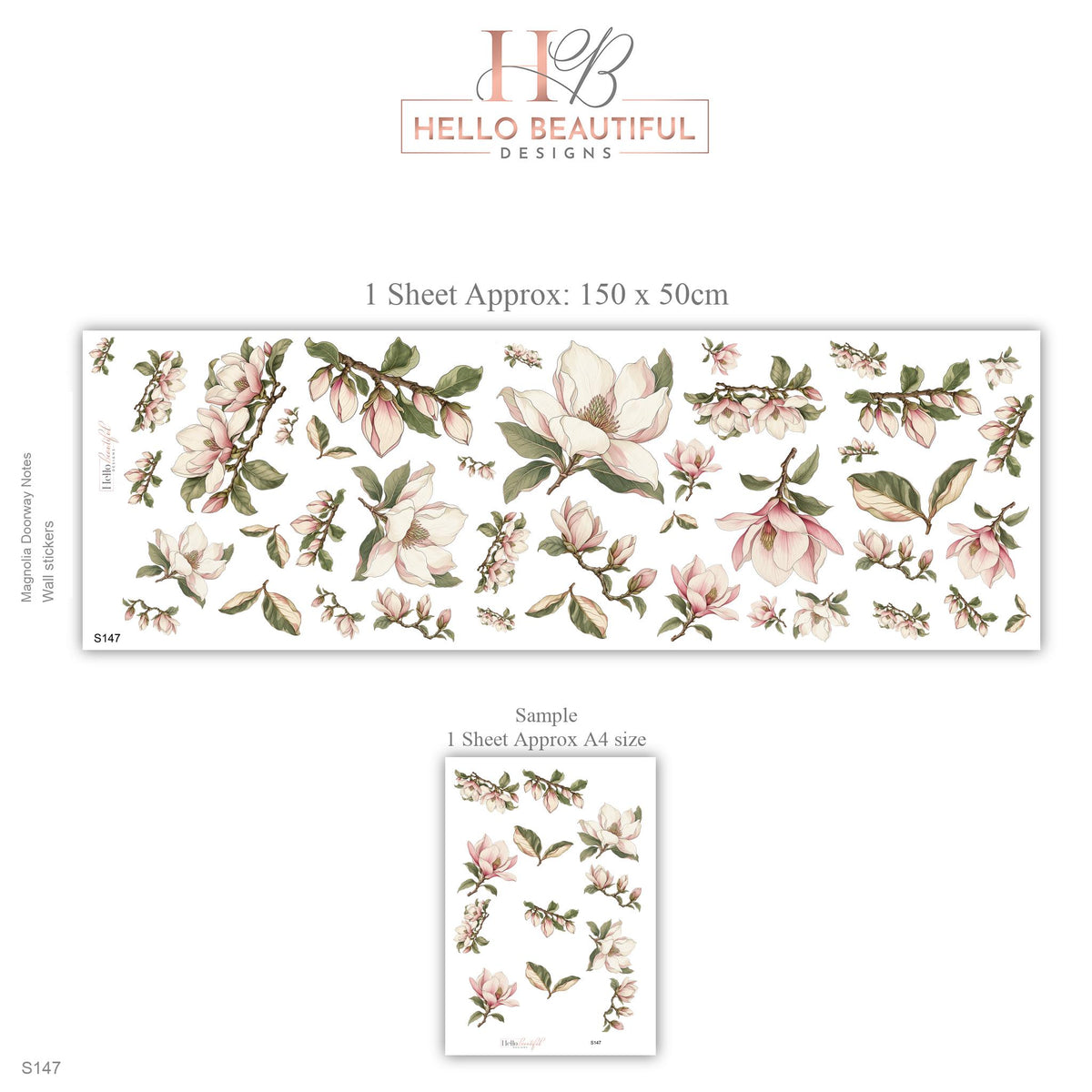 Magnolia Wall Stickers, Blush Pink Floral Nursery Decor, Botanical Flower Wall Decals, Girls Room Sage Green Peel and Stick Wall Art
