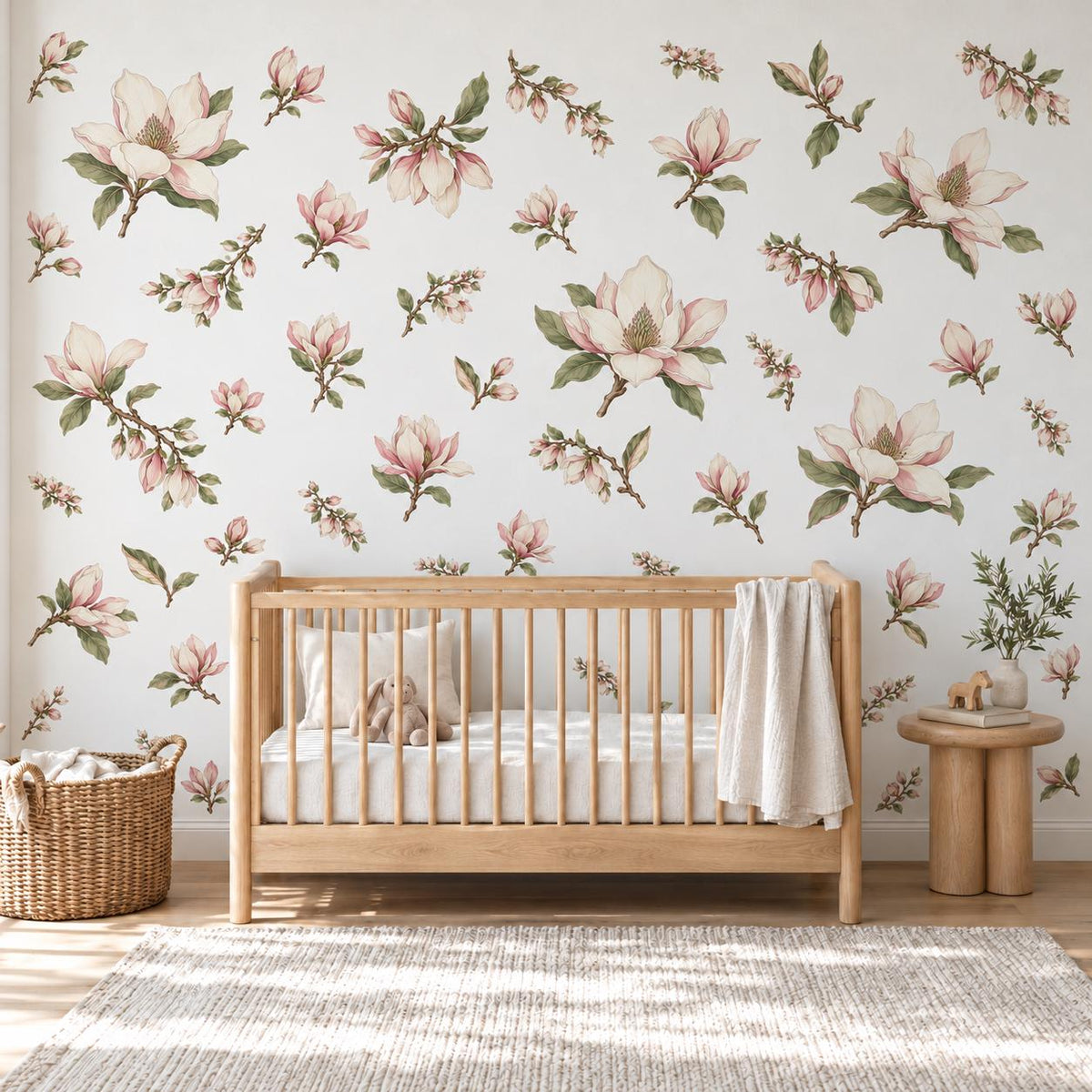 Magnolia Wall Stickers, Blush Pink Floral Nursery Decor, Botanical Flower Wall Decals, Girls Room Sage Green Peel and Stick Wall Art
