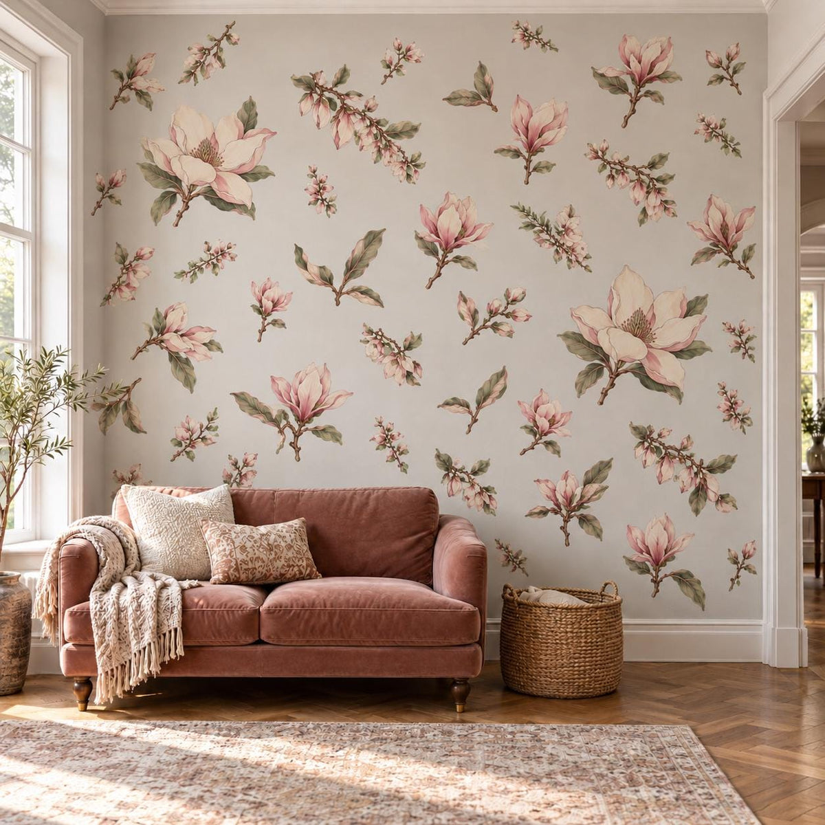 Magnolia Wall Stickers, Blush Pink Floral Nursery Decor, Botanical Flower Wall Decals, Girls Room Sage Green Peel and Stick Wall Art