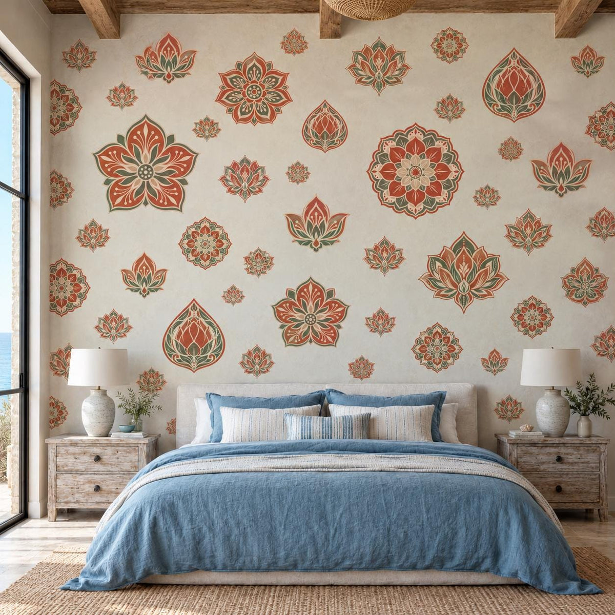 Lotus Mandala Wall Stickers, Terracotta Sage Boho Decor, Floral Medallion Wall Decals, Bedroom Yoga Room Peel and Stick Wall Art