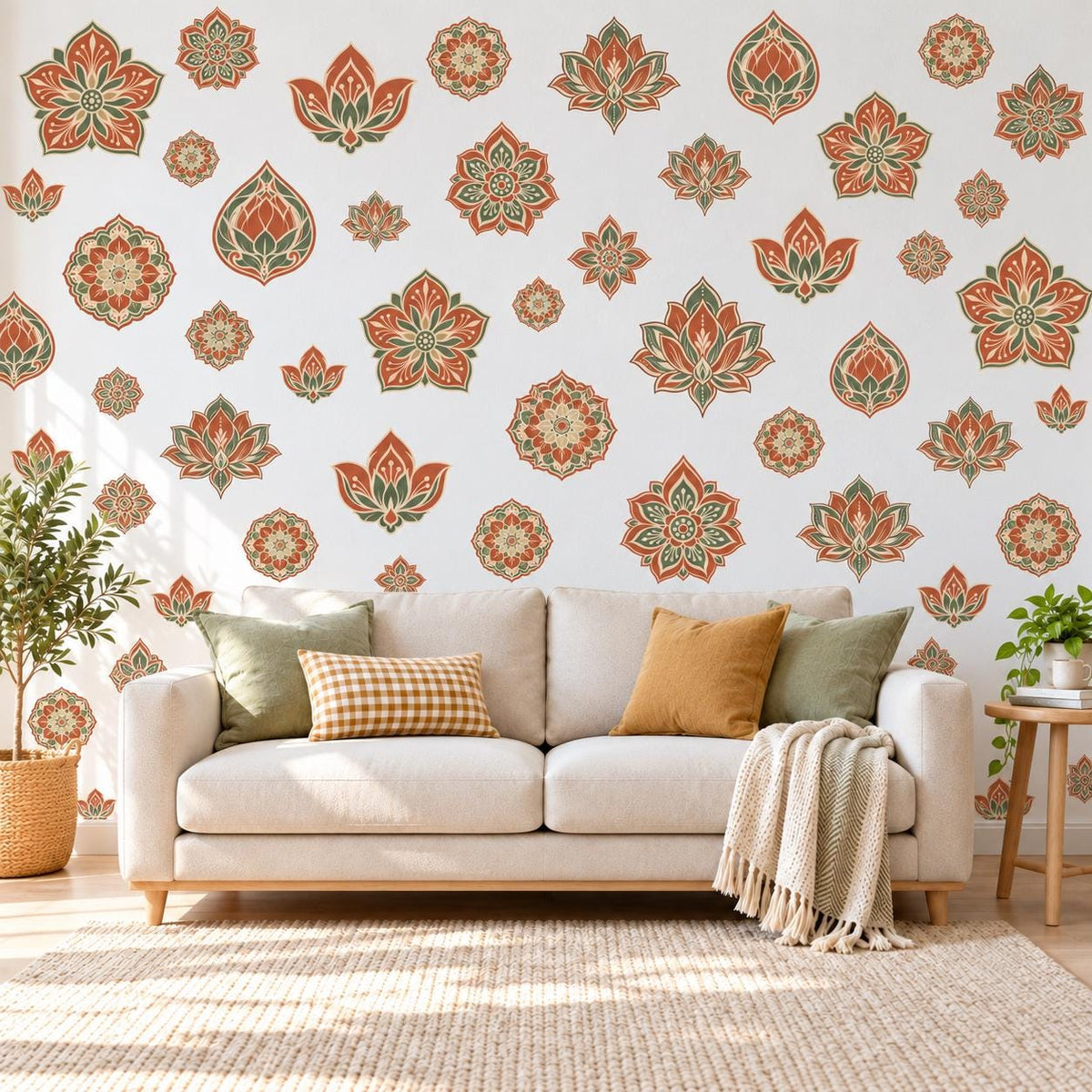 Lotus Mandala Wall Stickers, Terracotta Sage Boho Decor, Floral Medallion Wall Decals, Bedroom Yoga Room Peel and Stick Wall Art