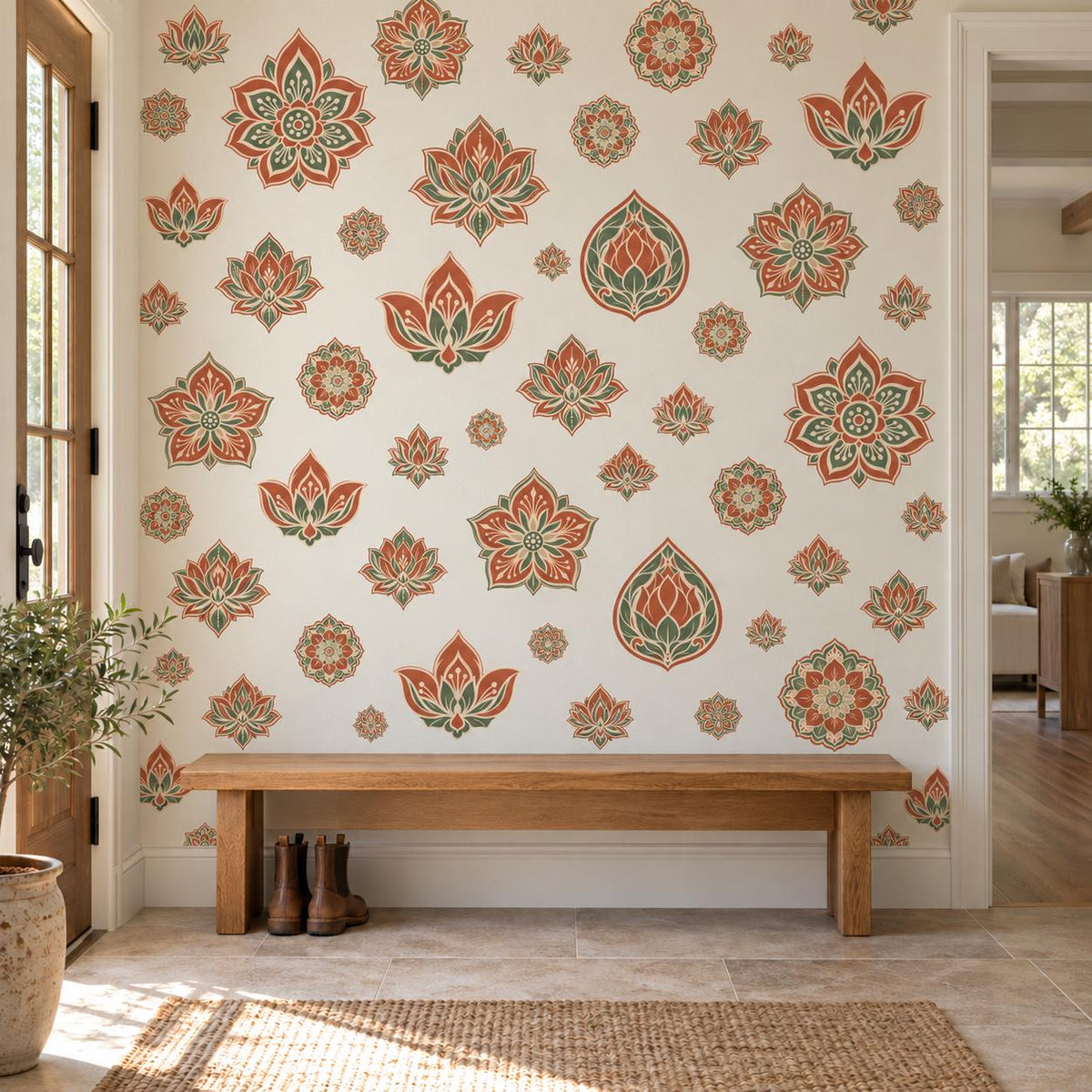 Lotus Mandala Wall Stickers, Terracotta Sage Boho Decor, Floral Medallion Wall Decals, Bedroom Yoga Room Peel and Stick Wall Art