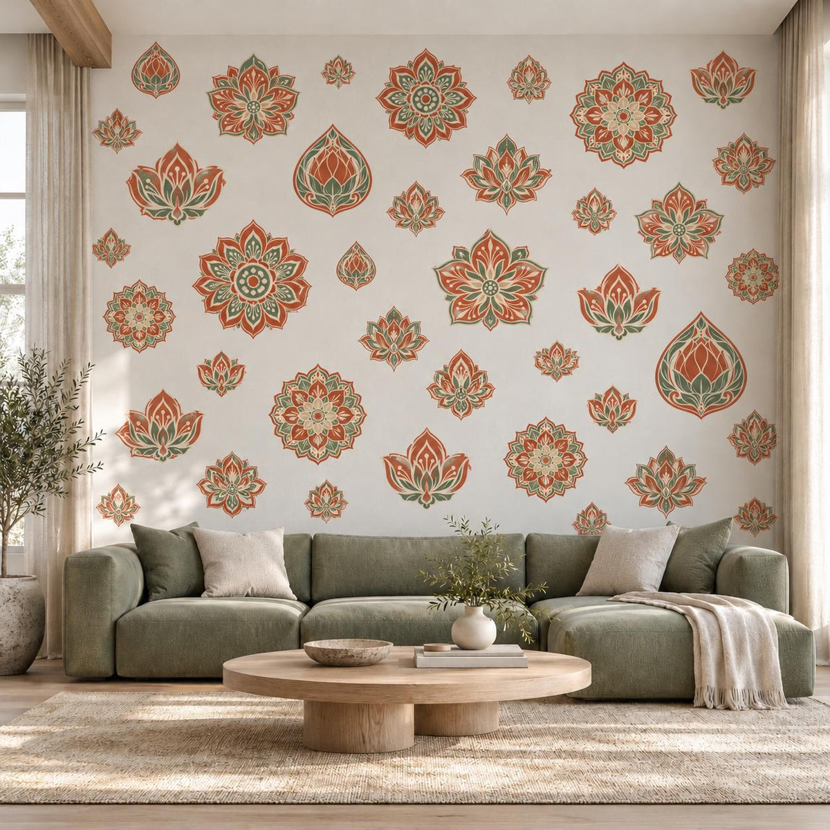 Lotus Mandala Wall Stickers, Terracotta Sage Boho Decor, Floral Medallion Wall Decals, Bedroom Yoga Room Peel and Stick Wall Art