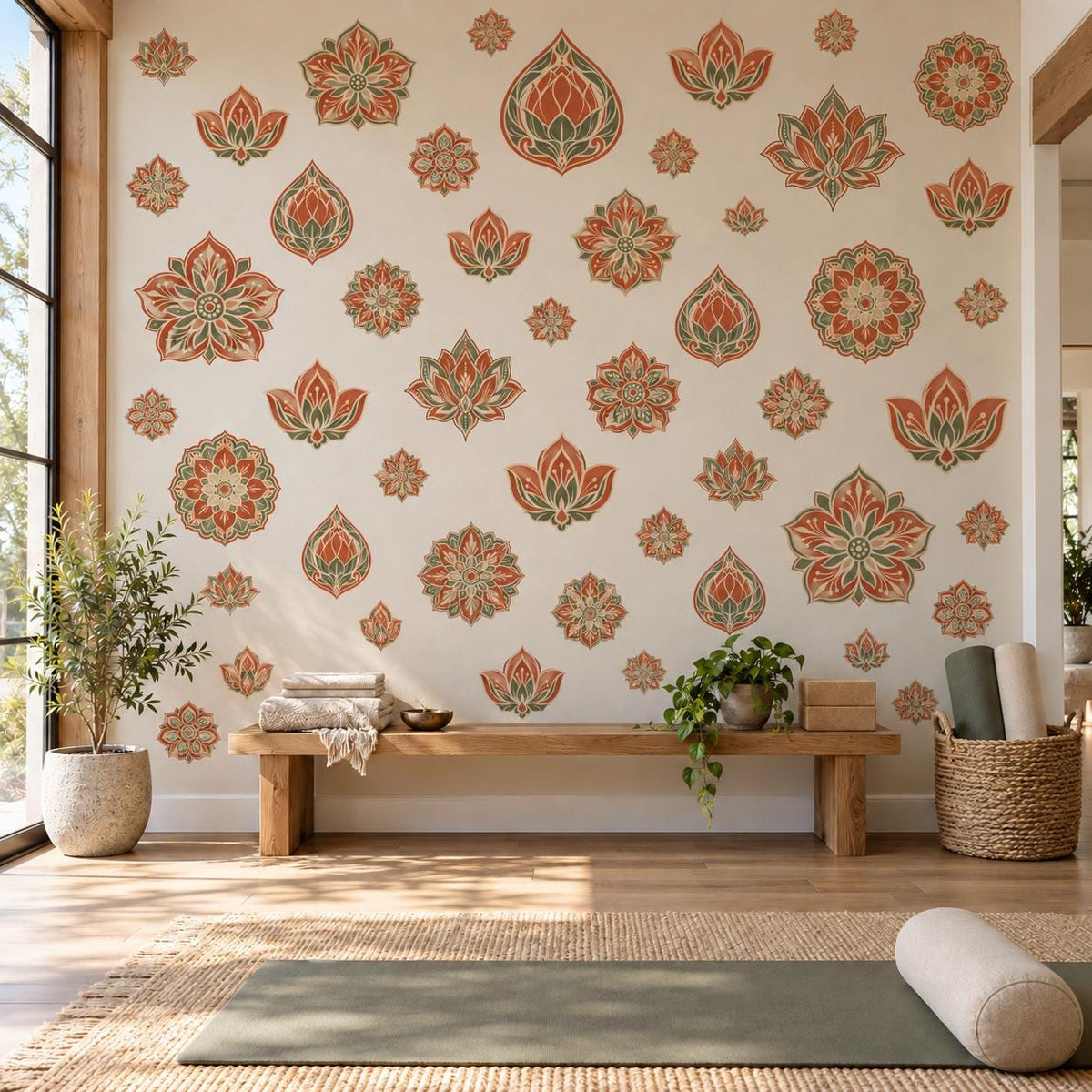 Lotus Mandala Wall Stickers, Terracotta Sage Boho Decor, Floral Medallion Wall Decals, Bedroom Yoga Room Peel and Stick Wall Art