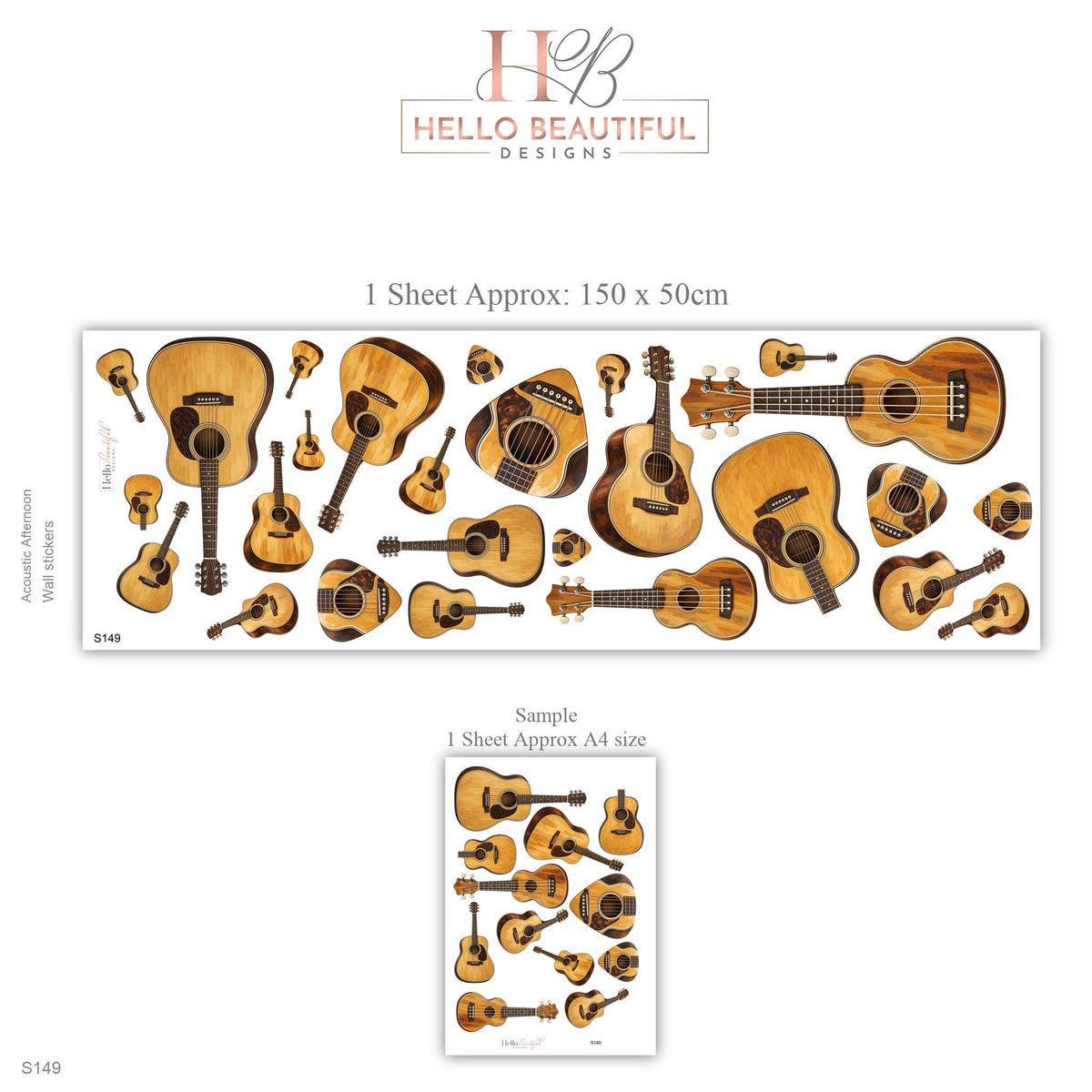 Guitar Wall Stickers, Acoustic Guitar Music Room Decor, Ukulele Wall Decals, Teen Boys Girls Bedroom Wood Tone Peel and Stick Wall Art