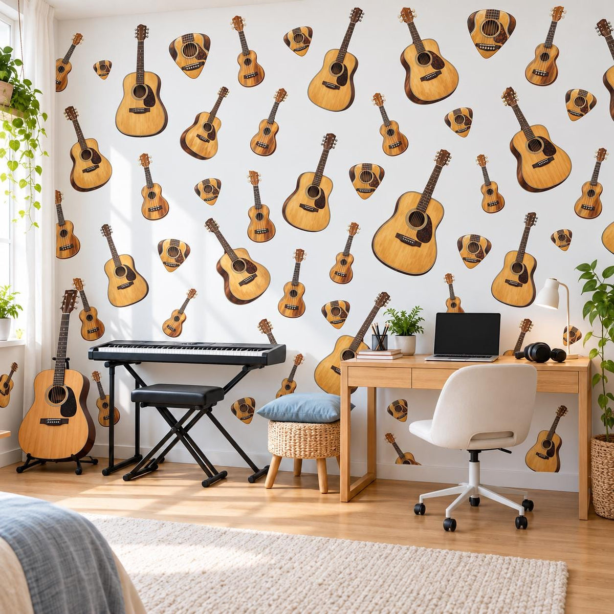 Guitar Wall Stickers, Acoustic Guitar Music Room Decor, Ukulele Wall Decals, Teen Boys Girls Bedroom Wood Tone Peel and Stick Wall Art