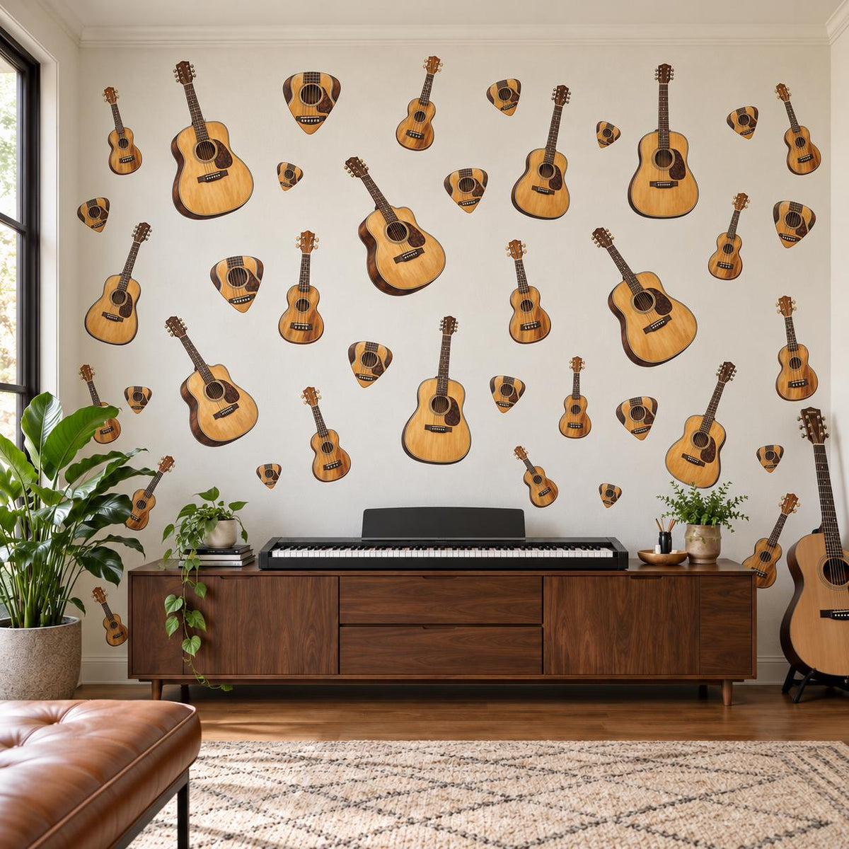 Guitar Wall Stickers, Acoustic Guitar Music Room Decor, Ukulele Wall Decals, Teen Boys Girls Bedroom Wood Tone Peel and Stick Wall Art