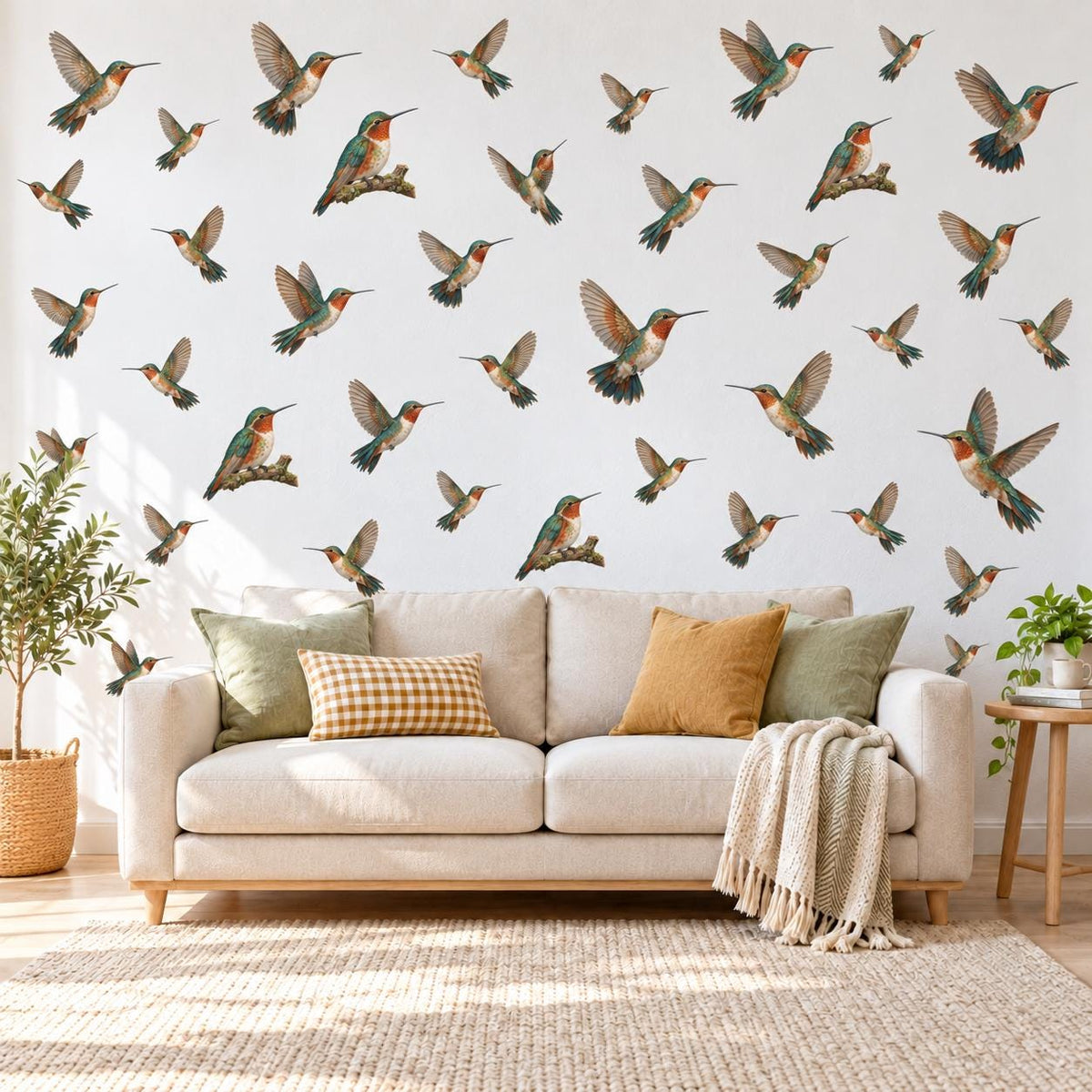 Hummingbird Wall Stickers, Vintage Bird Decor, Botanical Hummingbird Wall Decals, Living Room Girls Bedroom Peel and Stick Wall Art