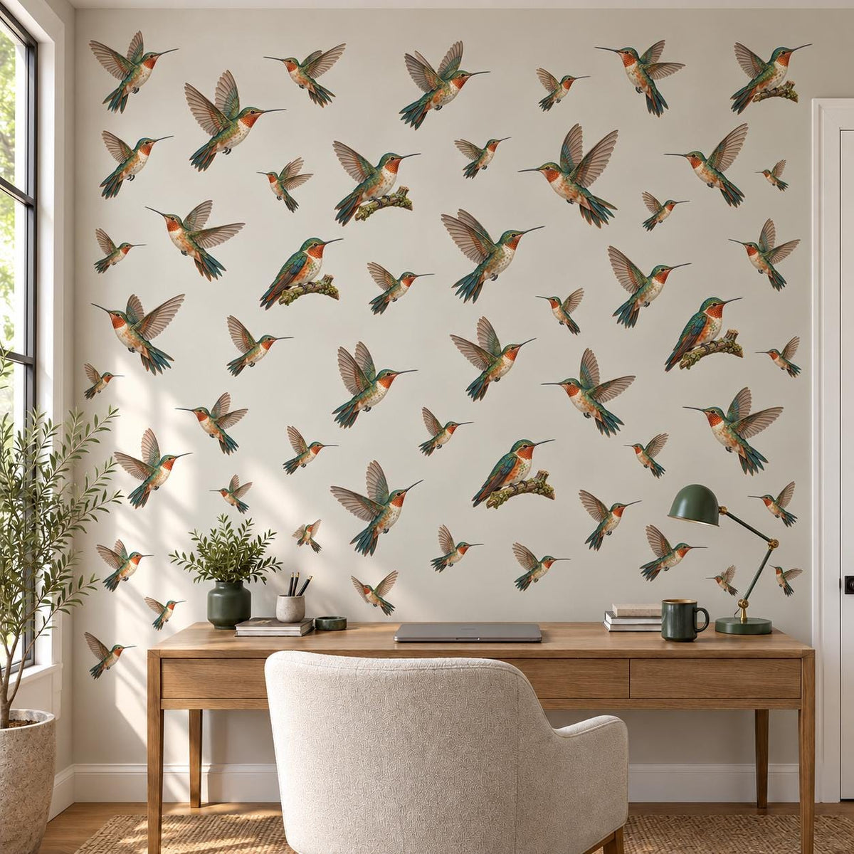 Hummingbird Wall Stickers, Vintage Bird Decor, Botanical Hummingbird Wall Decals, Living Room Girls Bedroom Peel and Stick Wall Art