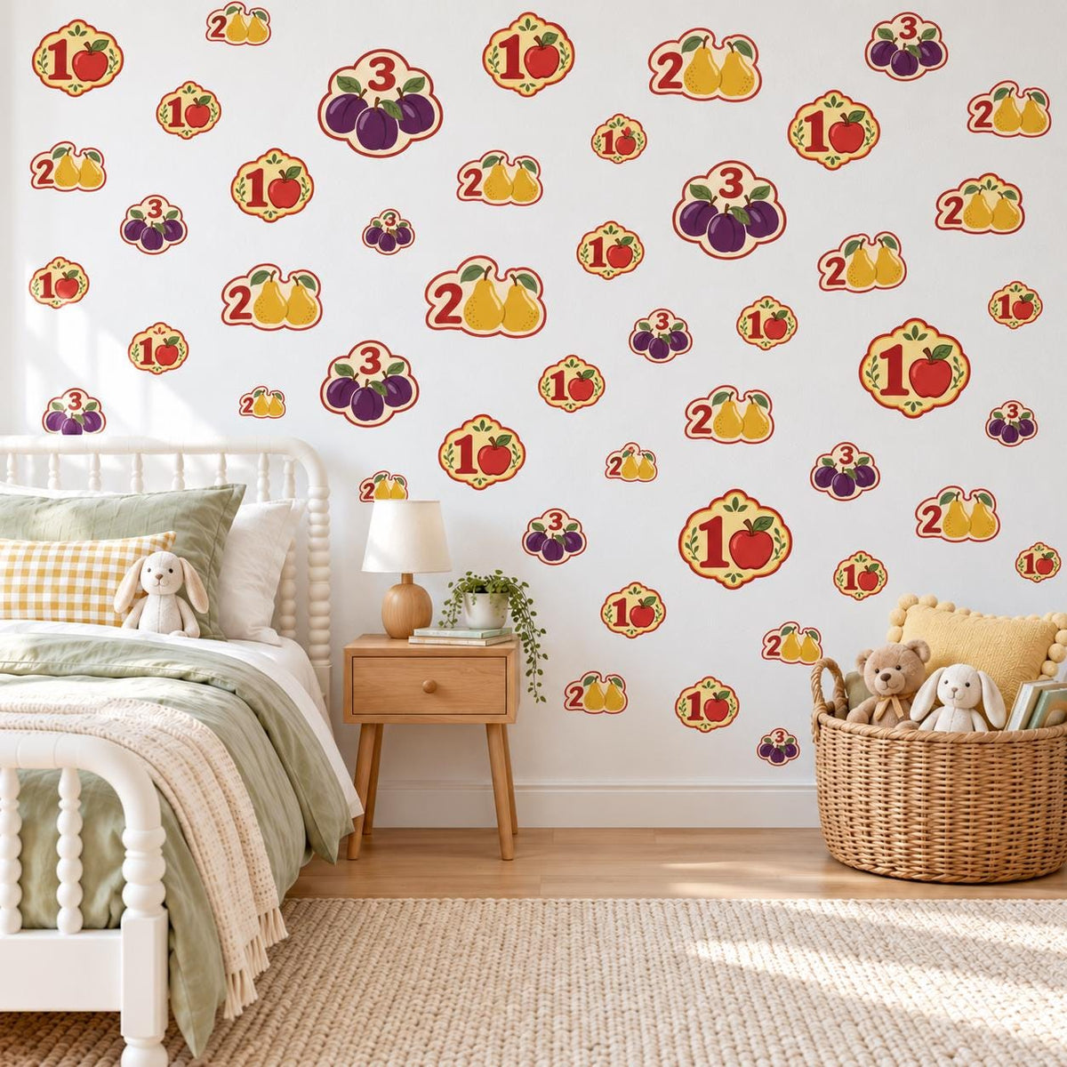 Number Wall Stickers, Fruit Counting Playroom Decor, Educational Wall Decals, Apple Pear Kids Room Nursery Peel and Stick Wall Art