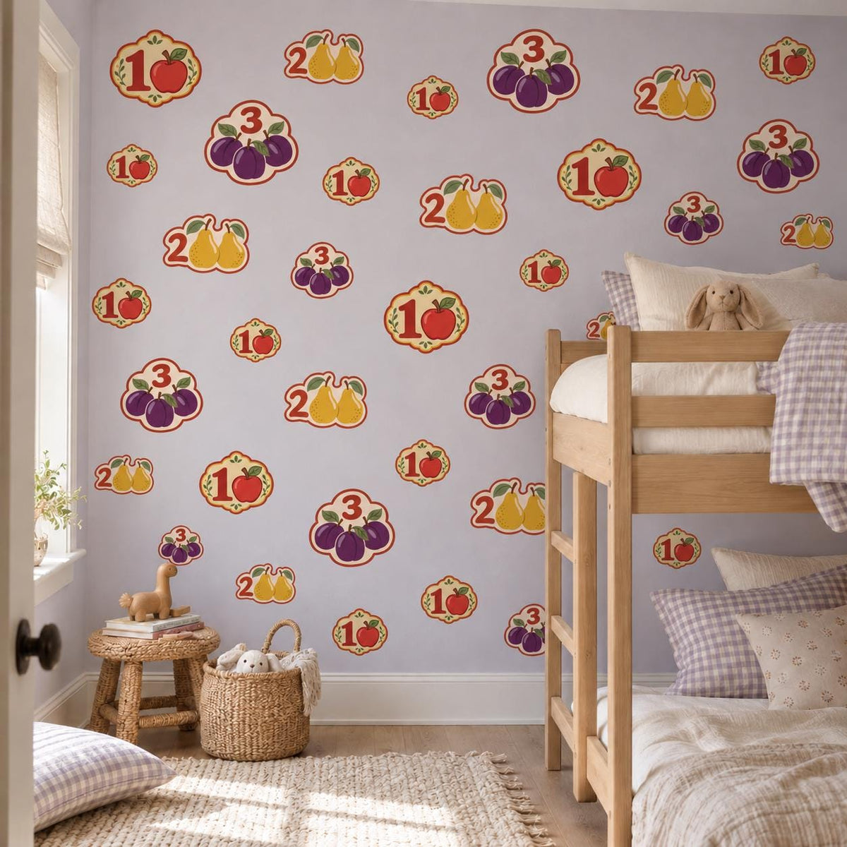Number Wall Stickers, Fruit Counting Playroom Decor, Educational Wall Decals, Apple Pear Kids Room Nursery Peel and Stick Wall Art